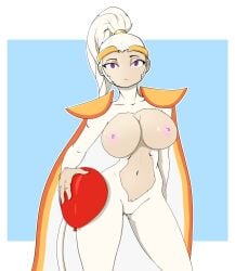 1girls adora_(bloons_tower_defense) anthro artist_request balloon bloons_tower_defense breasts female female_only hourglass_figure large_breasts monkey monkey_girl navel nipples ponytail primate purple_eyes solo white_fur