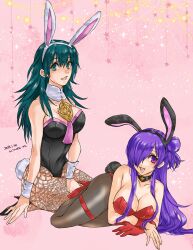 2girls alternate_costume animal_ears artist_name bare_shoulders black_choker black_footwear black_leotard black_pantyhose blue_hair breasts bryminoru bunny_ears bunny_girl bunnysuit byleth_(fire_emblem) byleth_(fire_emblem)_(female) choker cleavage collarbone commentary_request dated detached_collar fake_animal_ears fake_tail female female_only fire_emblem fire_emblem:_three_houses fire_emblem_warriors:_three_hopes fishnet_pantyhose fishnets gloves green_eyes hair_between_eyes hair_bun hair_over_one_eye high_heels large_breasts leggings leotard long_hair looking_at_viewer lying medium_breasts multiple_girls one_eye_covered open_mouth pantyhose pink_background playboy_bunny purple_eyes purple_hair rabbit_ears rabbit_tail red_footwear red_gloves red_leotard shez_(fire_emblem) shez_(fire_emblem)_(female) single_glove single_hair_bun sitting smile strapless strapless_leotard tail very_long_hair wrist_cuffs