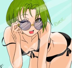 1girls adjusting_eyewear adjusting_glasses adjusting_sunglasses artist_signature bending_forward bending_over bikini black_bikini black_swimsuit brown_eyes clothed clothing colombian daytime female female_only green_hair hair_over_face hand_on_glass hispanic hispanic_virtual_youtuber inviting latam_virtual_youtuber light-skinned_female light_skin medium_breasts one_eye_closed open_mouth outside parce_alexis realistic_breast_size ryumi ryumivt short_hair smile smiling smiling_at_viewer solo string_bikini summer sunglasses swimsuit tinted_eyewear twitch twitch.tv two_piece_swimsuit virtual_youtuber vtuber yellow_eyes youtube youtube_hispanic