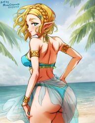 1girls ass back_view beach bikini blonde_hair breasts green_eyes hand_on_hip looking_back minacream nintendo pointy_ears princess_zelda short_hair sideboob smile solo sweat swimsuit tears_of_the_kingdom the_legend_of_zelda zelda_(tears_of_the_kingdom)