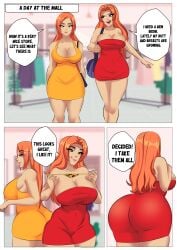 2girls absurd_res ass bleach breasts cleavage deckman dialogue dress english_text female female_only greedy hi_res inoue_orihime large_ass large_breasts licking_lips matsumoto_rangiku mrdeck shopping text thighs wide_hips