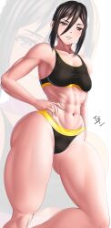 abs arcedo blush brown_eyes brown_hair cocked_hip covered_nipples hand_on_hip looking_at_viewer medium_breasts morag_ladair_(xenoblade) muscular muscular_female smile sports_bra sportswear thunder_thighs xenoblade_(series) xenoblade_chronicles_2