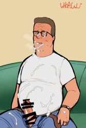 1boy blush breath brown_hair censored chubby cum cum_all_over cum_on_body cum_on_face cum_on_glasses cum_shot embarrassed fat fat_man gay glasses hank_hill human jeans king_of_the_hill living_room male male_only overweight penis penis_out sitting_on_sofa solo sweating tshirt wedding_ring whoa_uwu