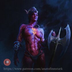 3d abs anato_finnstark axe baldur's_gate baldur's_gate_3 black_nails breasts colored_skin demon_girl demon_horns dungeons_and_dragons female fog forgotten_realms gauntlets glowing glowing_eyes highres horns karlach muscular muscular_female pointy_ears red_skin small_breasts solo toned topless yellow_eyes