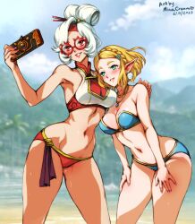 2girls beach bikini blonde_hair breasts glasses green_eyes medium_breasts minacream necklace nintendo pointy_ears princess_zelda purah purah_(tears_of_the_kingdom) red_eyes selfie sheikah_slate short_hair sweat swimsuit tears_of_the_kingdom the_legend_of_zelda white_hair zelda_(tears_of_the_kingdom)