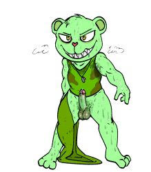 anthro bear bodily_fluids bottomless bottomwear bottomwear_around_one_leg clothed clothing clothing_around_one_leg dog_tags drooling erection flippy_(htf) gay genital_fluids happy_tree_friends hi_res illegaleel leaking_precum male mammal pants pants_around_one_leg precum pubes saliva shirt solo sweat sweat_stain tank_top topwear