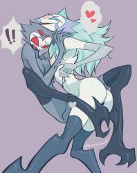 andrealphus_(helluva_boss) anthro artist_name ass avian bird blue_eyes blush cloaca demon duo grey_body helluva_boss male minoruaniki open_mouth owl owl_demon peafowl red_eyes simple_background stolas_(helluva_boss) thighhighs white_body