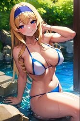 1girls ai_generated arm_support big_breasts bikini blonde_hair blue_eyes busty cecilia_alcott cleavage dripping female female_only hairbow infinite_stratos large_breasts legs long_hair looking_at_viewer navel sensual sitting smile solo stable_diffusion swimsuit thick_thighs thighs voluptuous water