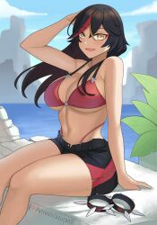 1girls amber_eyes aori_sora big_breasts bikini black_hair breasts female genshin_impact navel red_hair shorts solo stomach streaked_hair tan_body thighs thong xinyan_(genshin_impact)