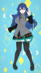 1girls 3d alternate_costume armpits bare_thighs blue_background blue_eyes blue_hair boots breasts cosplay crossover detached_sleeves female female_only fire_emblem fire_emblem_awakening full_body hair_between_eyes hatsune_miku_(cosplay) koikatsu large_breasts long_hair long_sleeves looking_at_viewer lucina_(fire_emblem) mike_oxlong nintendo open_mouth skirt solo symbol-shaped_pupils thigh_boots thighs tiara vocaloid w