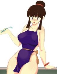 apron chichi dragon_ball dragon_ball_z kimiwaaru leaning_against_counter naked smile