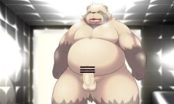 2023 anthro balls belly big_belly brown_body canid canine censored erection genitals hi_res kemono male mammal overweight overweight_male penis raccoon_dog solo tai_tanuki tanuki