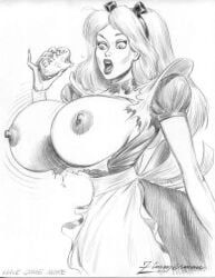 2005 alice_(disney) alice_in_wonderland alice_in_wonderland_(1951_film) alice_liddell apron bow breast_expansion breasts breasts_out disney eating female julius_zimmerman monochrome nipples torn_clothes torn_dress traditional_media_(artwork) wardrobe_malfunction