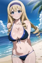 1girls ai_generated arms_behind_back beach big_breasts bikini blonde_hair blue_bikini blue_eyes busty cecilia_alcott cleavage female female_only hairbow infinite_stratos large_breasts legs long_hair looking_at_viewer navel ocean smile solo swimsuit thick_thighs thighs thong_bikini voluptuous water