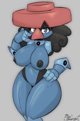 1girls 2023 4_fingers alternate_species anthro artist_signature big_breasts big_nose black_hair black_nipples blue_eyes breasts clothing curled_hair curvy_figure digital_media_(artwork) female female_focus female_only fingers floating_hands generation_4_pokemon grey_background hair half-closed_eyes hand_on_hip hat headgear headwear hi_res humanoid humanoidized looking_at_viewer miso_souperstar mostly_nude narrowed_eyes nintendo nipples pink_clothing pink_hat pink_headwear pink_nose pokemon pokemon_(species) probopass simple_background solo solo_female solo_focus thick_thighs voluptuous wide_hips