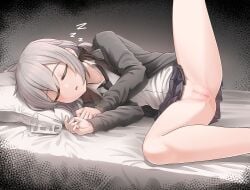 ahoge asleep bed black_necktie blue_skirt breasts censored collarbone feet_out_of_frame female fetal_position girls'_frontline grey_hair grey_hoodie hair_between_eyes highres hood hoodie lying m200_(girls'_frontline) mosaic_censoring necktie open_clothes open_hoodie paid_reward_available parted_lips petite pillow pussy senpaihawkkun shirt skirt sleeping small_breasts solo spread_legs white_shirt zzz