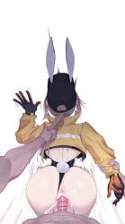 1boy absurdres animal_ears anus arm_grab ass bar_censor baseball_cap bent_over black_headwear black_leotard brown_hair bunny_ears bunny_tail bunnysuit censored clothed_sex clothing_aside cropped_jacket cum cum_in_pussy cum_inside cum_overflow dima_(girls'_frontline) eonsang fake_animal_ears fake_tail female from_behind girls'_frontline gloves grabbing_another's_hair hair_pull hat high_ponytail highres jacket leotard leotard_aside long_hair long_sleeves penis playboy_bunny ponytail pussy rabbit_ears rabbit_tail sex simple_background solo_focus straight tail thighhighs vaginal_penetration white_background yellow_jacket