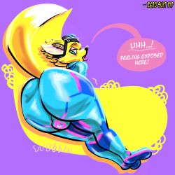 absurd_res anonymous_artist anthro blush canid canine clothing dialogue eyeshadow eyewear eyewear_on_head fennec fox goggles goggles_on_head hi_res makeup male male/male mammal metroid nintendo paladins pip_(paladins) rubber rubber_clothing solo speech_bubble spreading zero_suit