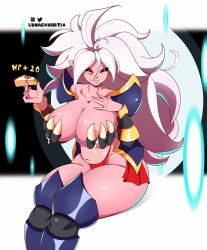 1girls android_21 areolae armor big_breasts black_sclera cake_slice cleavage dragon_ball dragon_ball_fighterz dragon_ball_z earrings female female_only food lactating lactation large_breasts long_hair lunaexhabbitix majin majin_android_21 navel panties pink_body pink_skin red_eyes solo solo_female solo_focus tail thick_thighs thighs white_hair wide_hips