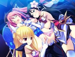 3girls ass blue_skirt breasts carrying carrying_person censored closed_eyes clothes_lift elbow_gloves folded game_cg gloves grabbing grabbing_another's_breast groin groping hair_between_eyes hair_ornament hair_ribbon haruno_sakura_(stellula_eques) himemiya_hiori kodama_izayoi koku legs_up long_hair magical_girl medium_breasts miniskirt mosaic_censoring multiple_girls nipples no_bra non-web_source off-shoulder_shirt off_shoulder panties panties_around_one_leg pink_hair pink_panties pleated_skirt pussy ribbon shirt shirt_partially_removed skirt skirt_flip skirt_lift socks spread_legs standing stellula_eques striped striped_panties thighhighs twintails underwear upskirt white_gloves white_ribbon white_shirt white_thighhighs young