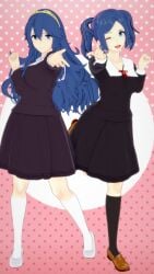 2girls 3d ;d alternate_costume bare_thighs blue_eyes blue_hair breasts collarbone cosplay crossover cynthia_(fire_emblem) female female_only fire_emblem fire_emblem_awakening footwear fujiwara_chika_(cosplay) full_body hair_between_eyes kaguya-sama_wa_kokurasetai_~tensai-tachi_no_renai_zunousen~ kneehighs koikatsu large_breasts light_blue_eyes long_hair long_sleeves looking_at_viewer lucina_(fire_emblem) medium_breasts mike_oxlong multiple_girls nintendo one_eye_closed pink_background pointing pointing_at_viewer reaching_out reaching_towards_viewer school_uniform schoolgirl shinomiya_kaguya_(cosplay) shoes short_hair siblings sisters skirt smile standing symbol-shaped_pupils thighs tiara twintails wrist_cuffs