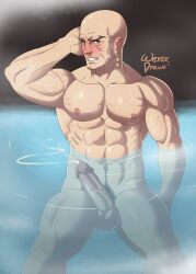 1boy abs bald bath blush embarrassed fire_emblem fire_emblem_fates fuga_(fire_emblem) male male_only muscular muscular_male nintendo onsen solo veiny_penis wererdraws