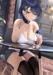 1girls black_choker black_hair black_thighhighs blue_archive blue_gloves breast_rest breasts breasts_on_table brick_wall camisole chihiro_(blue_archive) choker cleavage closed_mouth denim denim_shorts drink elbow_rest fingerless_gloves glass gloves green_eyes hair_between_eyes hair_ornament hairpin head_rest highres indoors large_breasts looking_at_viewer millennium_science_school_student on_chair preview_(preview0) restaurant short_hair short_shorts shorts sitting solo thighhighs thighs veritas_(blue_archive) white_camisole window