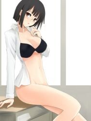 1girls black_bra bob_cut bottomless bra durarara!! edit edited female female_only glasses niwatori_kokezou no_panties open_clothes open_shirt solo sonohara_anri third-party_edit underwear