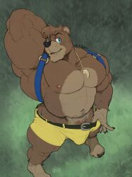 2023 abs anthro backpack banjo-kazooie banjo_(banjo-kazooie) barazoku barefoot bear belt biceps big_bulge big_muscles big_penis bottomwear bottomwear_pull bulge claws clothed clothing clothing_pull deltoids erection erection_under_clothing eyebrows feet fur genitals grass hair hand_behind_head hi_res high-angle_view huge_muscles humanoid_genitalia humanoid_penis jewelry looking_at_viewer looking_up looking_up_at_viewer male mammal manly muscular muscular_anthro muscular_male navel necklace nipples obliques oldshep outside pecs penis plant rareware seductive serratus shorts shorts_pull signature smile solo standing thick_thighs topless topless_anthro topless_male triceps tuft