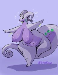 2023 2_toes antennae_(anatomy) anthro areola belly big_breasts breasts curled_tail dragon feet female full-length_portrait generation_6_pokemon genitals goodra green_eyes hanging_breasts heart hi_res huge_breasts long_tail navel nintendo nude on_one_leg overweight overweight_anthro overweight_female pokemon pokemon_(species) portrait puffy_areola purple_body pussy slime smile solo standing star_pupils tail thick_thighs toes vikhop wide_hips