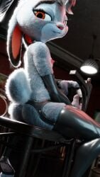 1girls 3d anthro ass blender breasts disney eyelashes female female_only fur furry furry_only grey_body grey_fur grey_hair gun judy_hopps lagomorph looking_at_viewer nipples orange_eyes pochemu rabbit small_breasts solo tail weapon zootopia