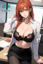 absurd_res ai_generated black_bra bra braid braided_hair breasts chainsaw_man hi_res highres idgaroo makima_(chainsaw_man) night office office_lady open_shirt pantyhose red_hair skirt stable_diffusion white_shirt