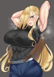 1girls 2023 abs annoyed armpits big_breasts blonde_female blonde_hair blue_eyes blush clothed fanart fullmetal_alchemist fullmetal_alchemist_brotherhood hair_over_one_eye large_breasts light-skinned_female light_skin lipstick long_hair looking_at_viewer massive_breasts muscular muscular_arms muscular_female olivier_mira_armstrong steam steaming_body sweat teaindian voluptuous voluptuous_female