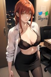 absurd_res ai_generated black_bra bra braid braided_hair breasts chainsaw_man hi_res highres idgaroo makima_(chainsaw_man) night office office_lady open_shirt pantyhose red_hair skirt stable_diffusion white_shirt