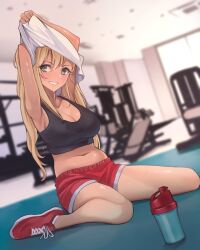 1girls absurdres armpits arms_up bare_shoulders black_bra blonde_hair blush bra breasts cleavage dumbbell_nan_kilo_moteru? female female_only green_eyes grin gym highres indoors koh_(minagi_kou) large_breasts long_hair looking_at_viewer navel oerba_yun_fang red_footwear sakura_hibiki_(dumbbell_nan_kilo_moteru?) shirt shirt_lift shoes shorts sitting smile sneakers solo sports_bra sweat sweat_stain tan twintails underwear undressing wariza white_shirt