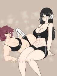 2girls black_hair commission flawsy glasses medium_support_(meme) meme original sports_bra sportswear sweating