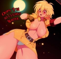 1girls areolae big_breasts blonde_hair eyebrows eyebrows_visible_through_hair female female_only hellsing hellsing_ultimate large_breasts light-skinned_female light_skin looking_at_viewer looking_down lunaexhabbitix navel nipple_slip nipples panties pink_nipples red_eyes seras_victoria solo solo_female solo_focus talking_to_viewer text thick_thighs thighs vampire white_panties