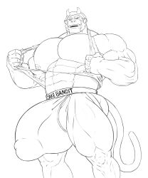 abs absurd_res anthro barazoku big_biceps big_bulge big_pecs bulge buzzybub clothing fangs genitals hi_res horn jockstrap male monkey_tail muscular muscular_arms muscular_male musuclar_legs pecs penis solo tearing_own_clothing tearing_shirt teeth thick_thighs underwear