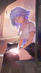 1girls blue_hair blush breasts closed_eyes female female_only furina_(genshin_impact) genshin_impact kawa683 school_uniform schoolgirl sitting skirt sleeping solo thick_thighs thighhighs thighs train train_interior wholesome zettai_ryouiki