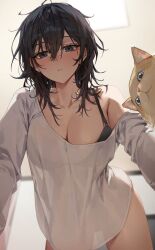 1girls absurdres black_bra black_hair blue_eyes blush bottomless bra breasts cleavage feline from_below hair_between_eyes highres large_breasts looking_at_viewer medium_hair messy_hair off_shoulder original oversized_clothes see-through_silhouette shirt solo underwear white_shirt ye_jji