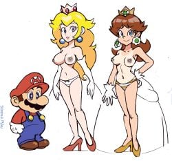 1boy 2girls blonde_hair blue_eyes breasts brown_hair casual_nudity clothed_male crown curvy curvy_female earrings elbow_gloves eyebrows_visible_through_hair female flower_earrings gloves heels larger_female light-skinned_female light-skinned_male light_skin long_hair looking_at_viewer male mario mario_(series) mostly_nude mostly_nude_female nintendo nipples panties princess_daisy princess_peach shorter_male shoulder_length_hair smaller_male sooperman taller_female tanline thighs topless topless_female trio white_background white_gloves wide_hips