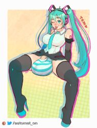 1futa automat-on balls balls_in_panties balls_under_clothes big_balls big_breasts blue_eyes blue_hair breasts clothed clothing flaccid futa_only futanari hatsune_miku horny huge_balls human light-skinned_futanari light_skin long_hair mostly_clothed necktie oversized_balls penis penis_under_clothes sitting solo spread_legs testicles thighhighs tie tongue_out vocaloid