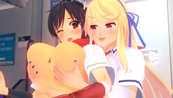 2023 3d 3d_(artwork) asuka_(senran_kagura) blonde_hair breasts brown_eyes brown_hair female_focus female_only female_pervert groping groping_breasts groping_from_behind hair_ribbon katsuragi_(senran_kagura) koikatsu long_hair marvelous medium_hair pervert scene_reference senran_kagura sneak_attack yuri