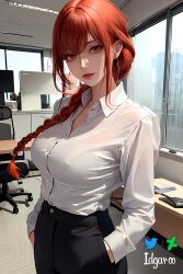 absurd_res ai_generated black_trousers braid braided_hair chainsaw_man hands_in_pockets hi_res highres idgaroo long_braid makima_(chainsaw_man) office office_lady red_hair stable_diffusion white_shirt