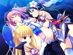 3girls ass blue_skirt breasts carrying carrying_person closed_eyes clothes_lift elbow_gloves folded game_cg gloves grabbing grabbing_another's_breast groin groping hair_between_eyes hair_ornament hair_ribbon haruno_sakura_(stellula_eques) himemiya_hiori kodama_izayoi koku legs_up long_hair magical_girl medium_breasts miniskirt multiple_girls nipples no_bra non-web_source off-shoulder_shirt off_shoulder panties pink_hair pink_panties pleated_skirt ribbon shirt shirt_partially_removed skirt skirt_flip skirt_lift socks spread_legs standing stellula_eques striped striped_panties thighhighs twintails underwear upskirt white_gloves white_ribbon white_shirt white_thighhighs young