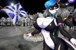 ai_generated anthro blue blue_eyes breasts carnival cetacean dance dancer dolphin dou dragón edit edited edited_image event female frosting.ai furry furry_only group hair marine oceanic_dolphin orca orca_female penelope_(rainbowscreen) public rainbowscreen_(character) solo solo_female suit whale