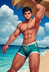 1boy 1male 1man ai_generated bara_tiddies bara_tits beach black_hair brown_eyes deltoids human large_pecs large_pectorals male male_focus male_nipples male_only man man_boobs man_breasts man_tits manly muscle muscles muscular_male nexusgarden pecs pectorals sea shorts solo