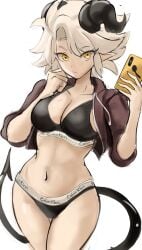 1girls 2021 belly_button big_breasts black_bra black_panties bra breasts calvin_klein female_focus golden_eyes holding_phone horns original panties phone pointy_ears rakeemspoon red_hoodie selfie susan_(rakeemspoon) tail thighs white_hair