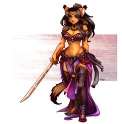 arabian_clothes belly_dancer belly_dancer_outfit black_hair blue_eyes cat_ears cat_tail catgirl choker cleavage clover-teapot furry harem_girl harem_outfit holding_weapon large_breasts loincloth long_hair orange_fur original original_character slippers thighhighs warrior