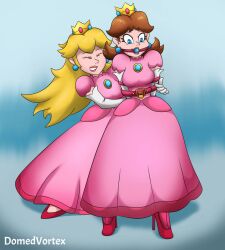 2girls arms_tied_behind_back ball_gag blonde_hair blue_eyes bondage breasts brown_hair closed_eyes crown domedvortex dress earrings elbow_gloves gag gagged gloves high_heels large_breasts legs_tied long_hair mario_(series) medium_hair multiple_girls nintendo pink_dress princess_daisy princess_peach princess_peach_(cosplay) yuri